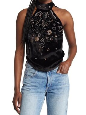 Free People Black Velvet Halter Top w Embroidery